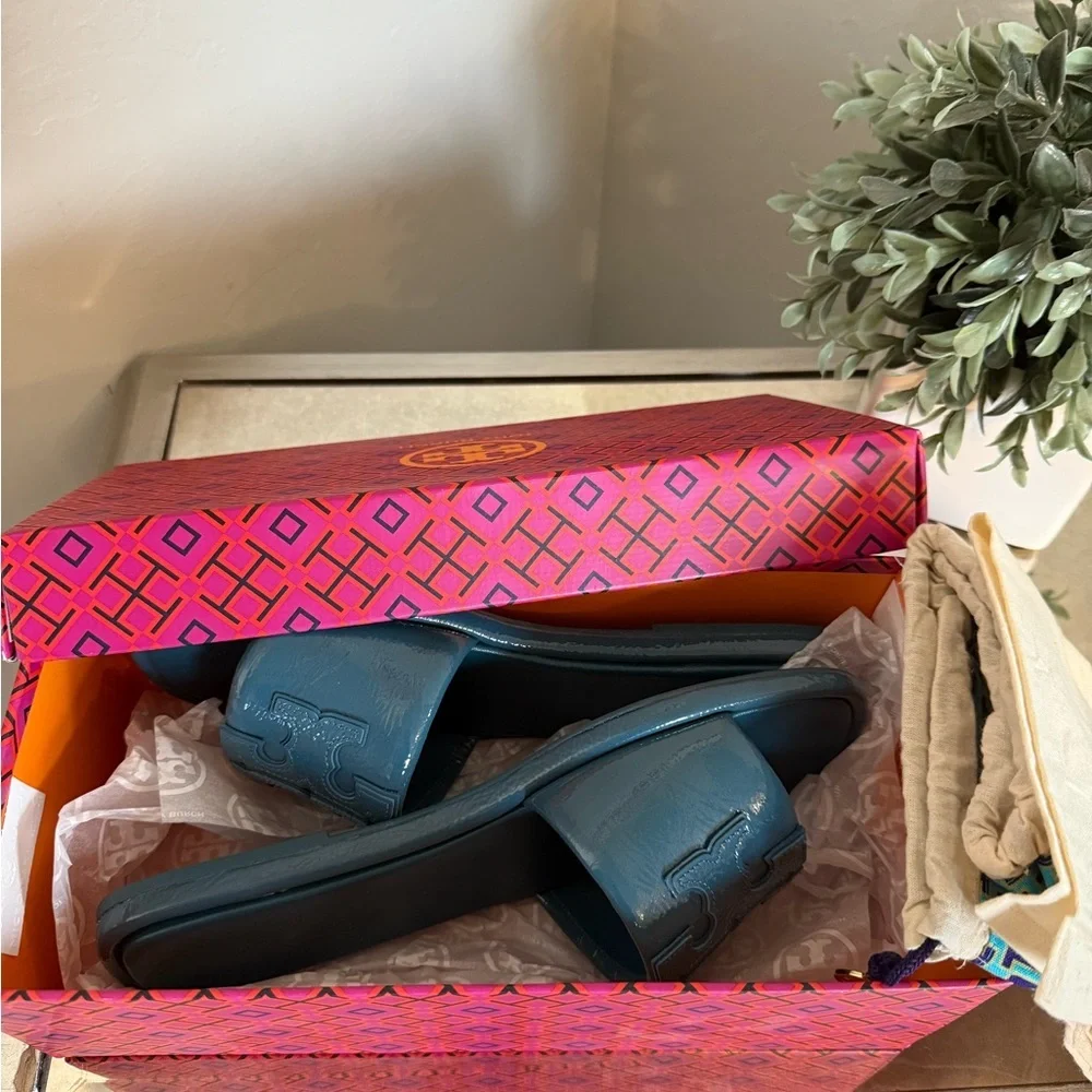 TORY BURCH Double-T Leather Sport Slide Sandal Size 9